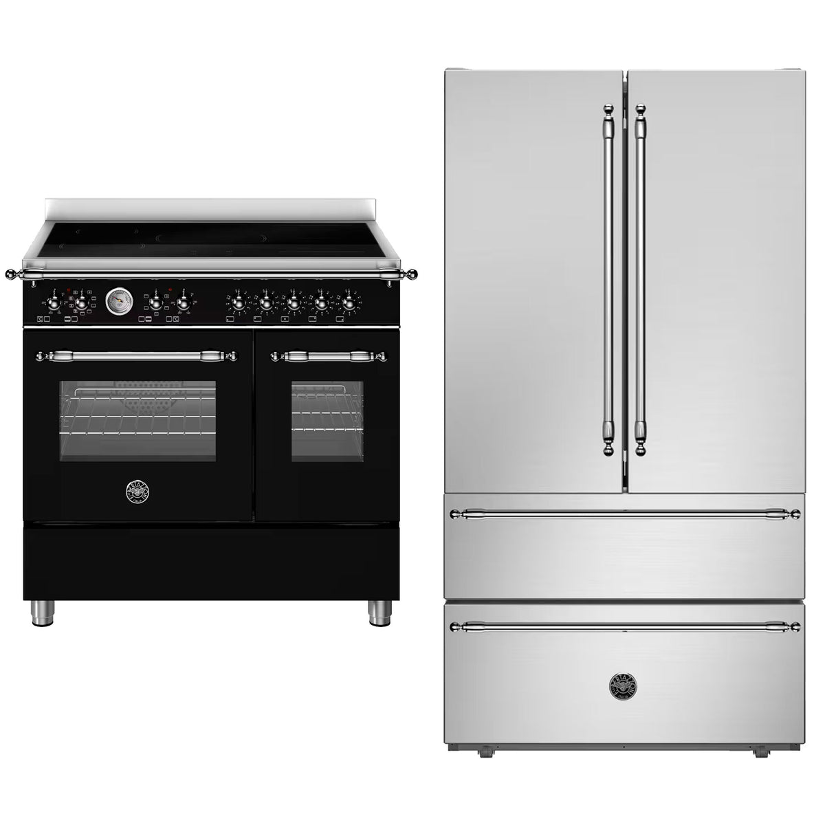 Bertazzoni Heritage induktionskomfur og side-by-side køl/frys i mat sort og rustfrit stål