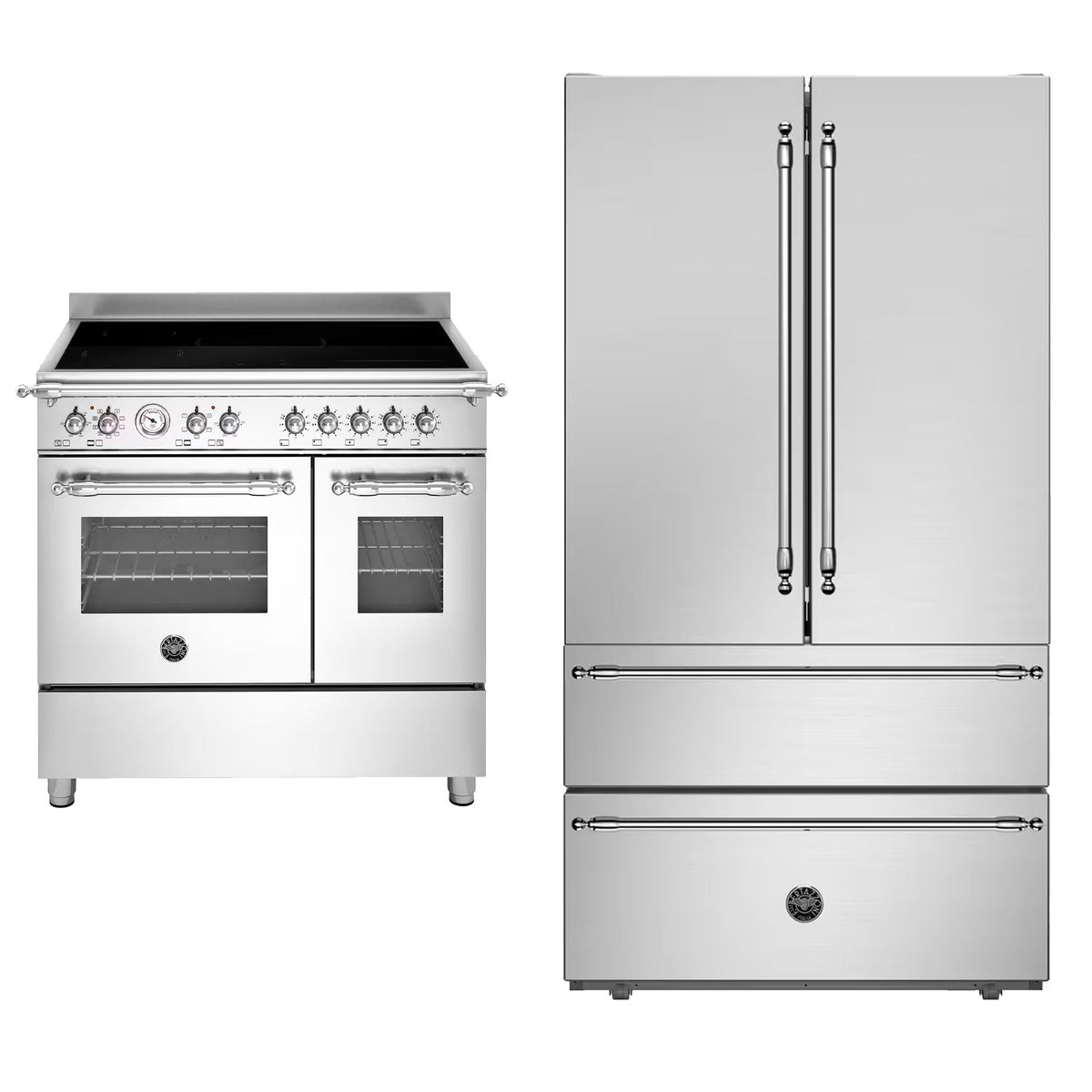 Bertazzoni Heritage side-by-side køle-/fryseskab og 90 cm induktionskomfur i rustfrit stål