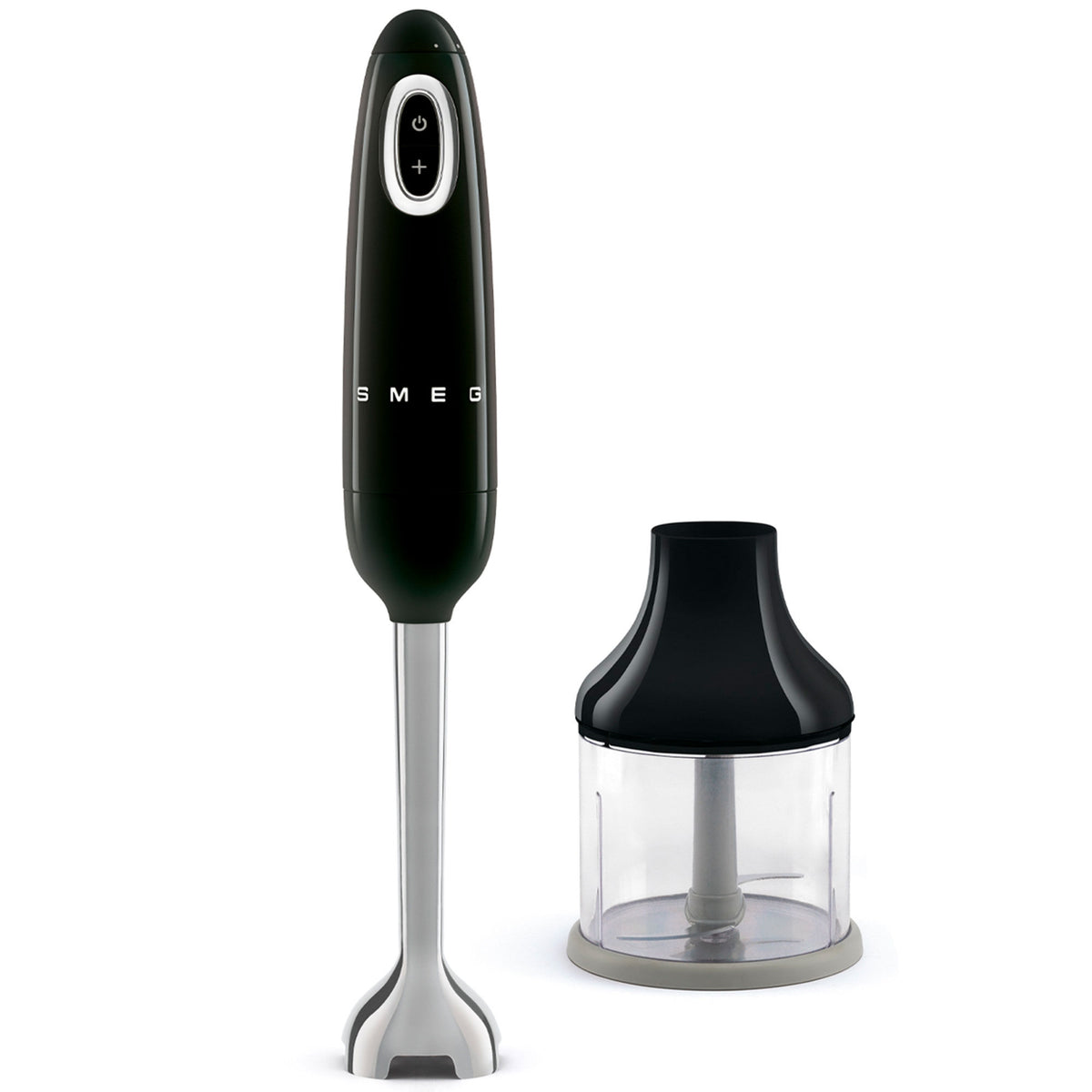 Sort Smeg HBF00BLEU stavblender med hakker og detaljer i poleret krom