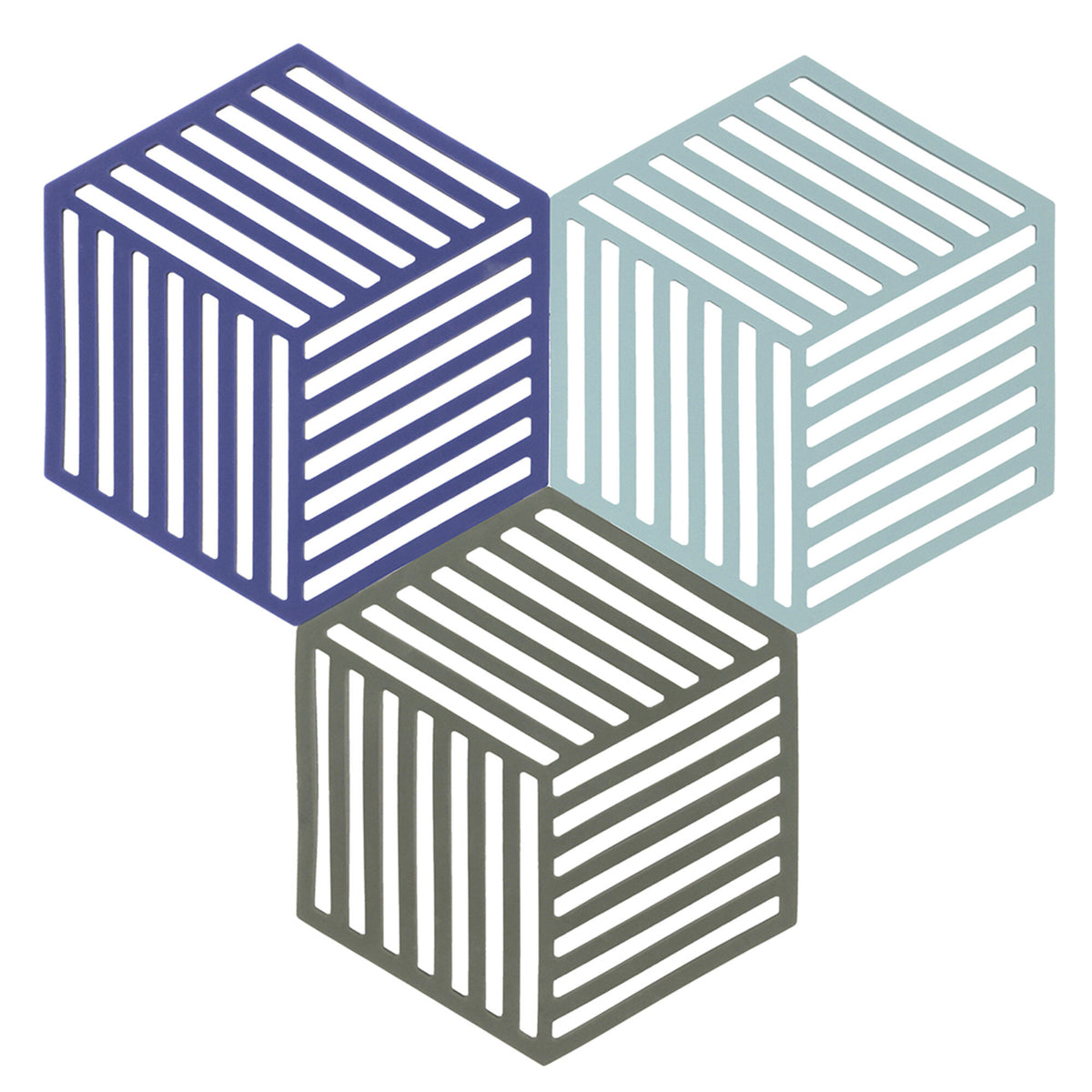 Tre silikone grydeunderlag fra Zone, Hexagon, i indigo, fog og olive taupe