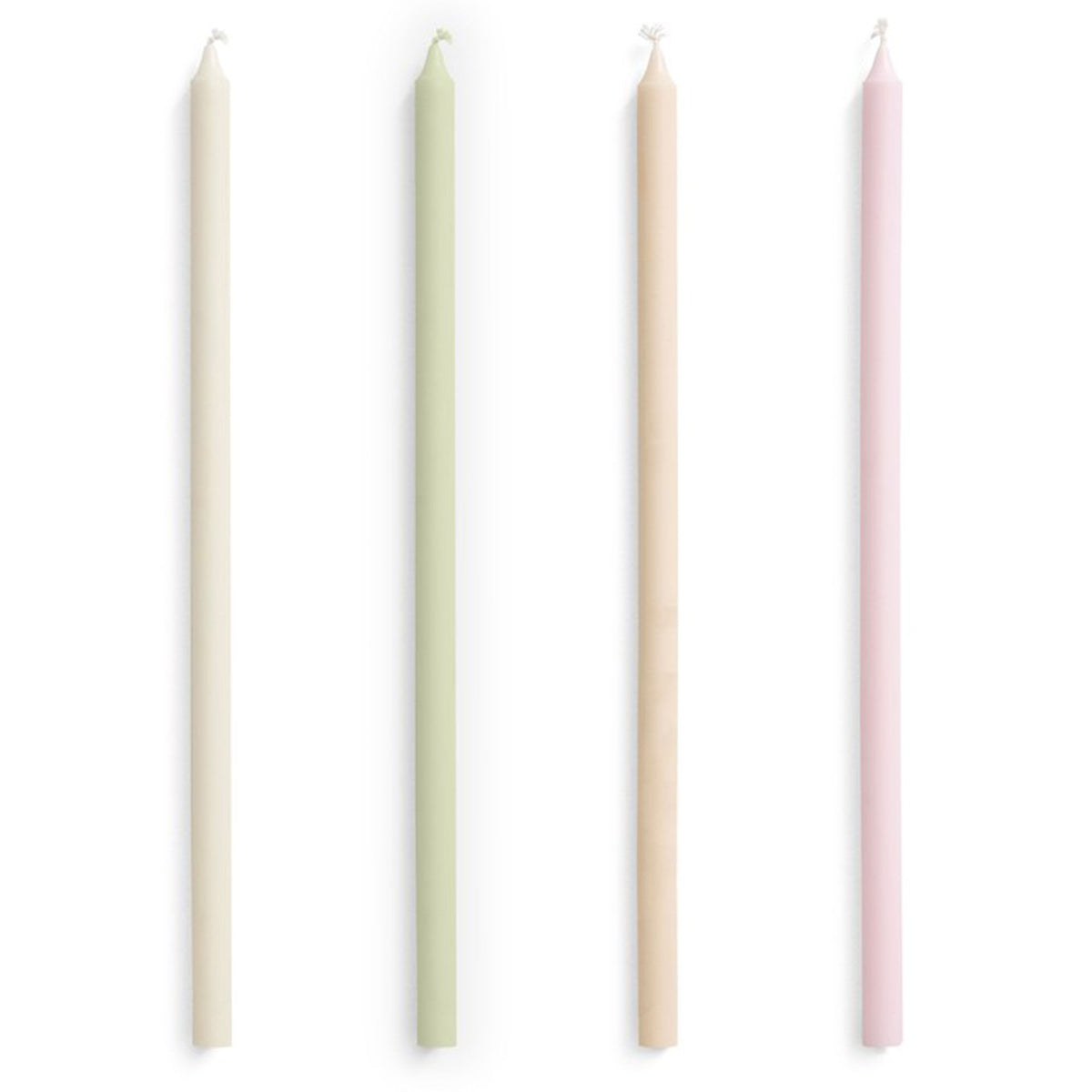 Fire slanke Hay Slim Candles kronelys i pastelfarver, 30 cm høje