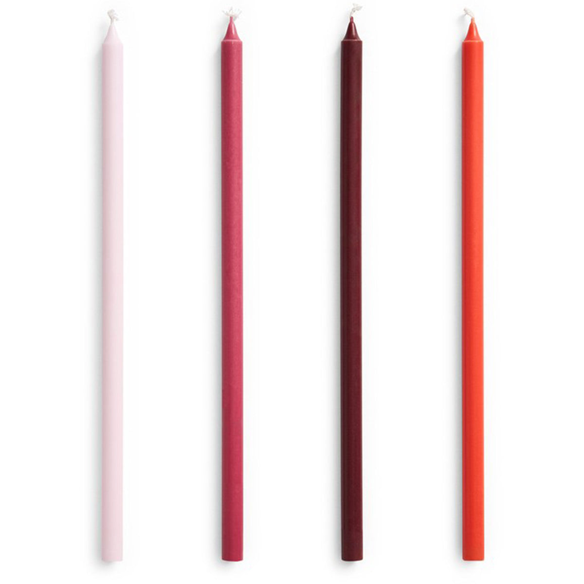 Fire slanke Hay kronelys i rosa/rød, Ø 1,2 cm og 30 cm høje