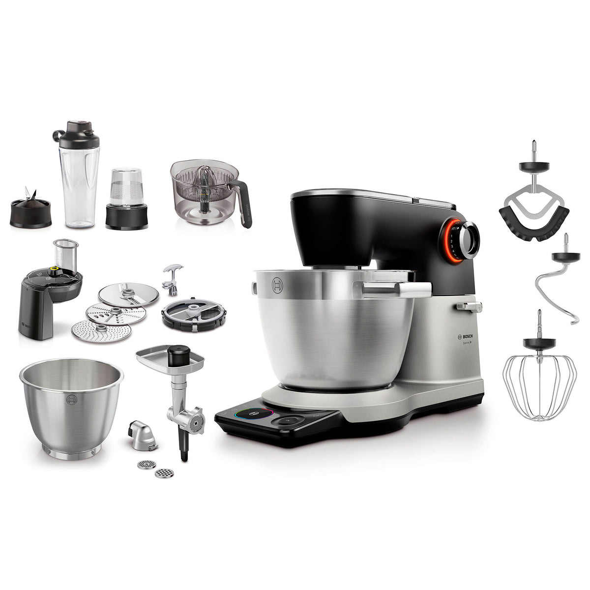Bosch MUMS8ZS60 Serie 8 køkkenmaskine i sølv og sort med vægt