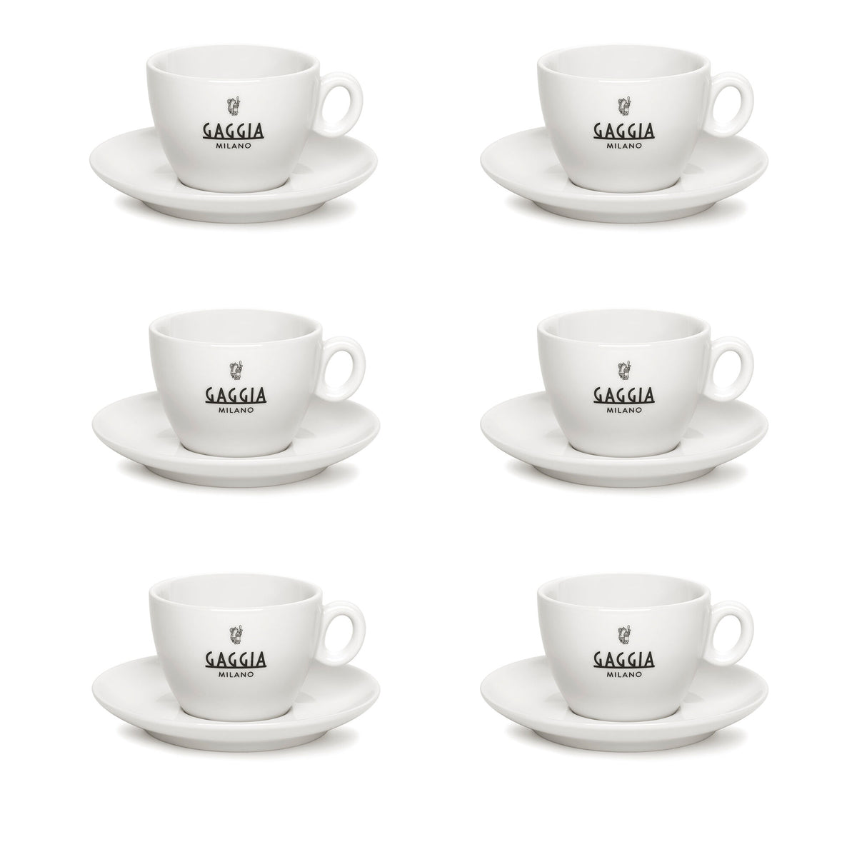 Seks hvide Gaggia espressokopper i tykt porcelæn