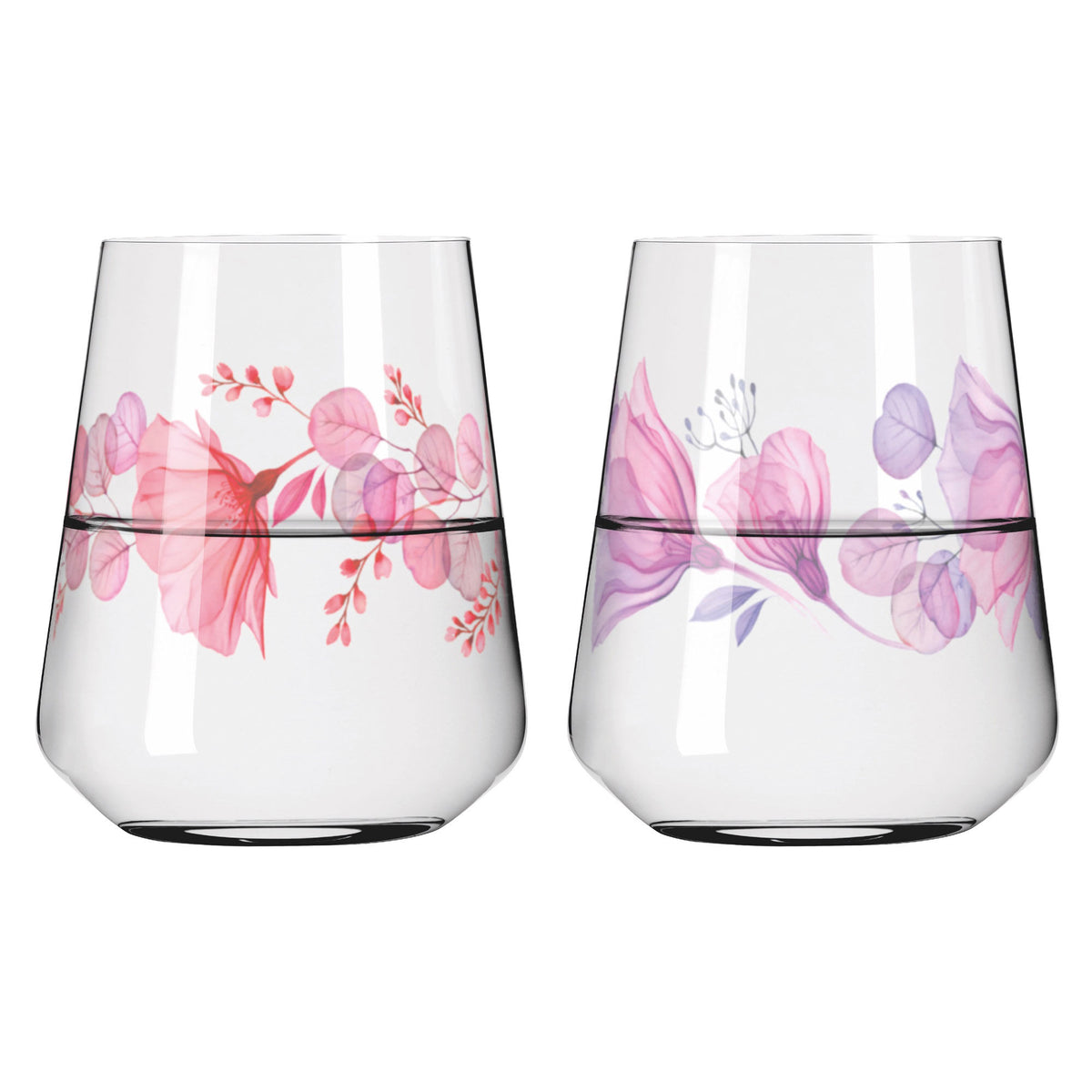 To Ritzenhoff Sommersonett vandglas på 51 cl med blomstrende motiver i rosa og lilla