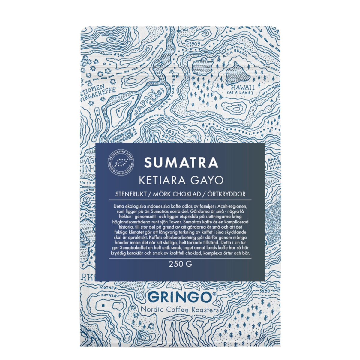 Pose med Gringo Sumatra Ketiara Gayo Organic økologiske kaffebønner, 250 g