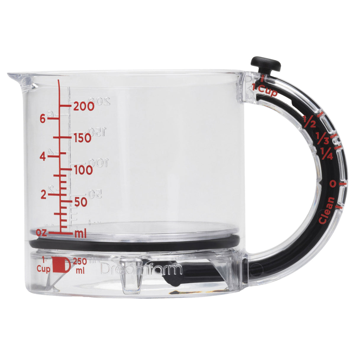 Dreamfarm Upcup transparent målebæger på 250 ml med justerbar bund