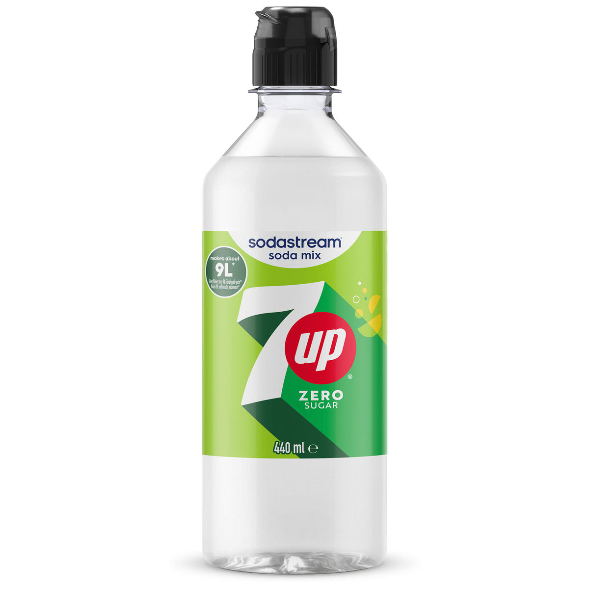 Flaske med Sodastream 7Up Zero smagskoncentrat på 440 ml med smag af citron og lime