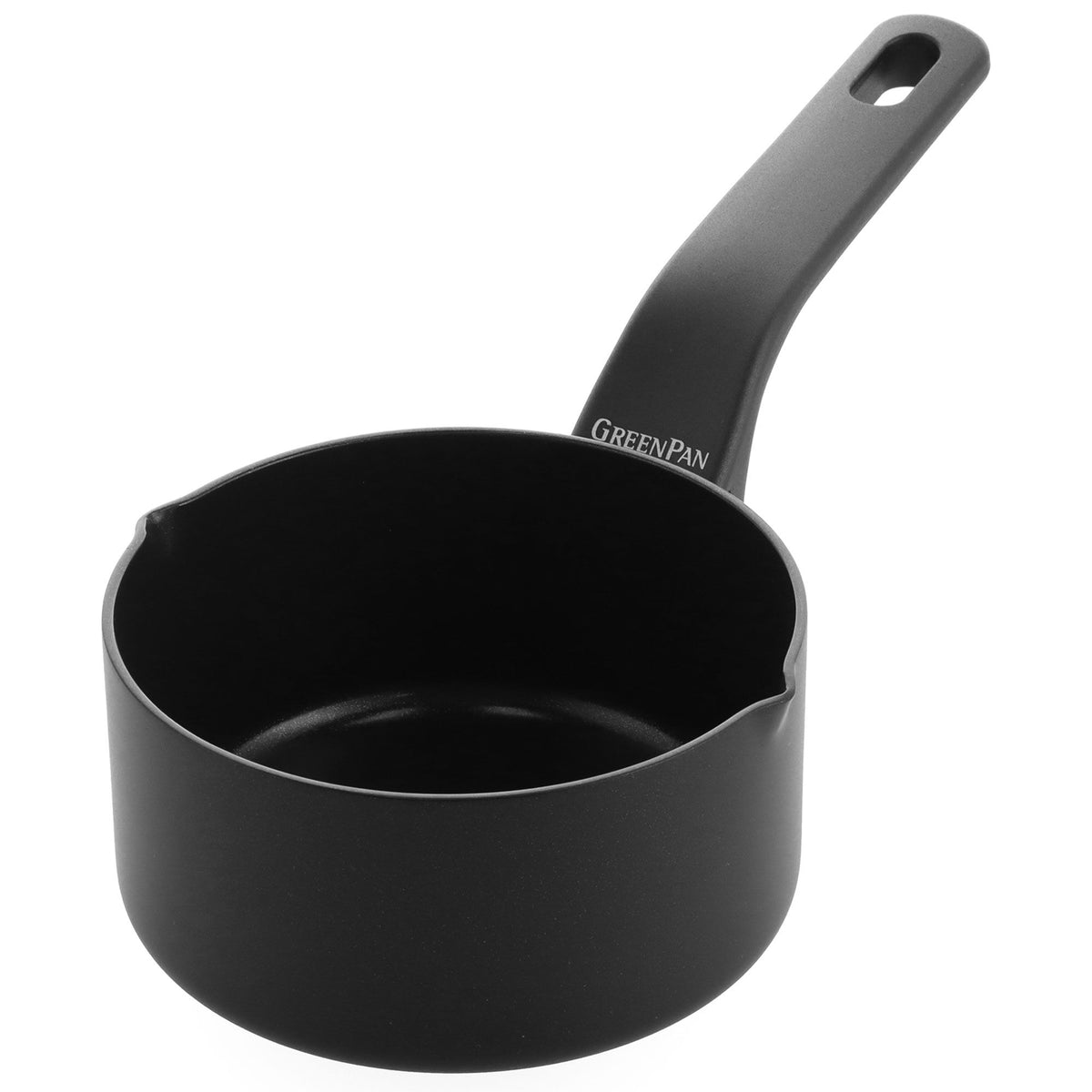 Sort GreenPan Essence kasserolle på 16 cm med hældetude på begge sider