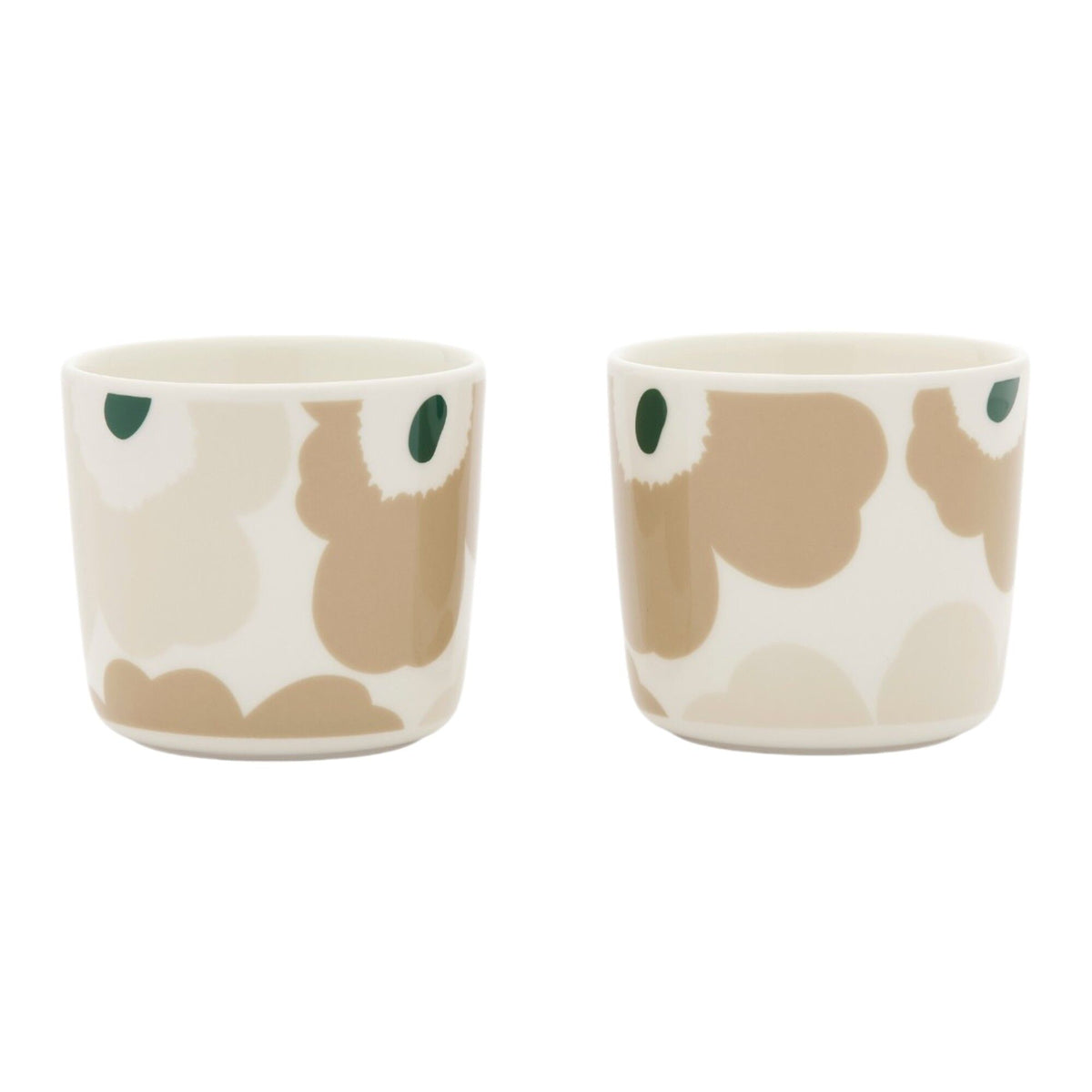 To Marimekko Oiva Unikko kaffekopper uden hank i hvid, beige og mørkegrøn
