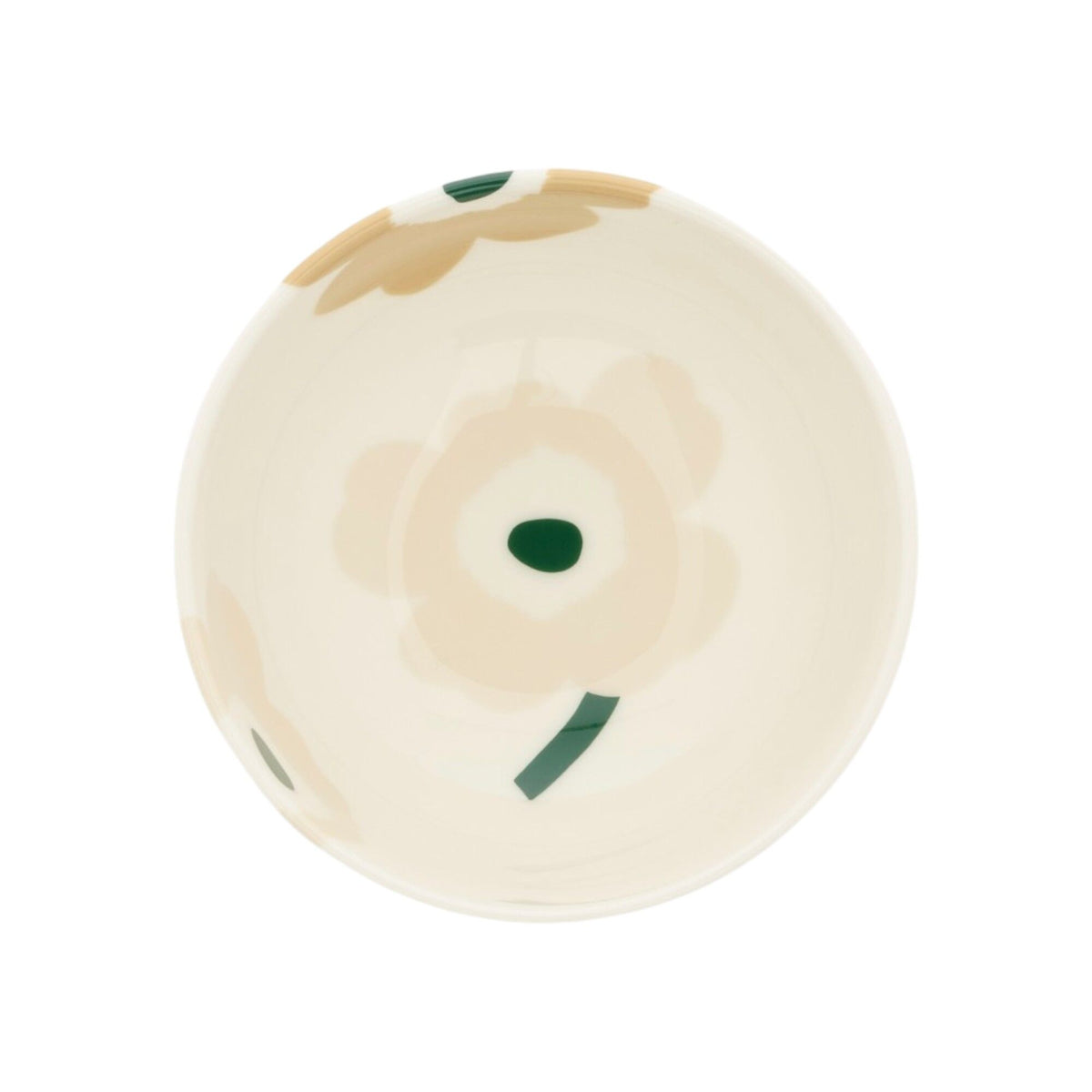 Marimekko Oiva Unikko skål i stentøj, 12 cm i diameter, i beige, hvid, lys sand og mørkegrøn