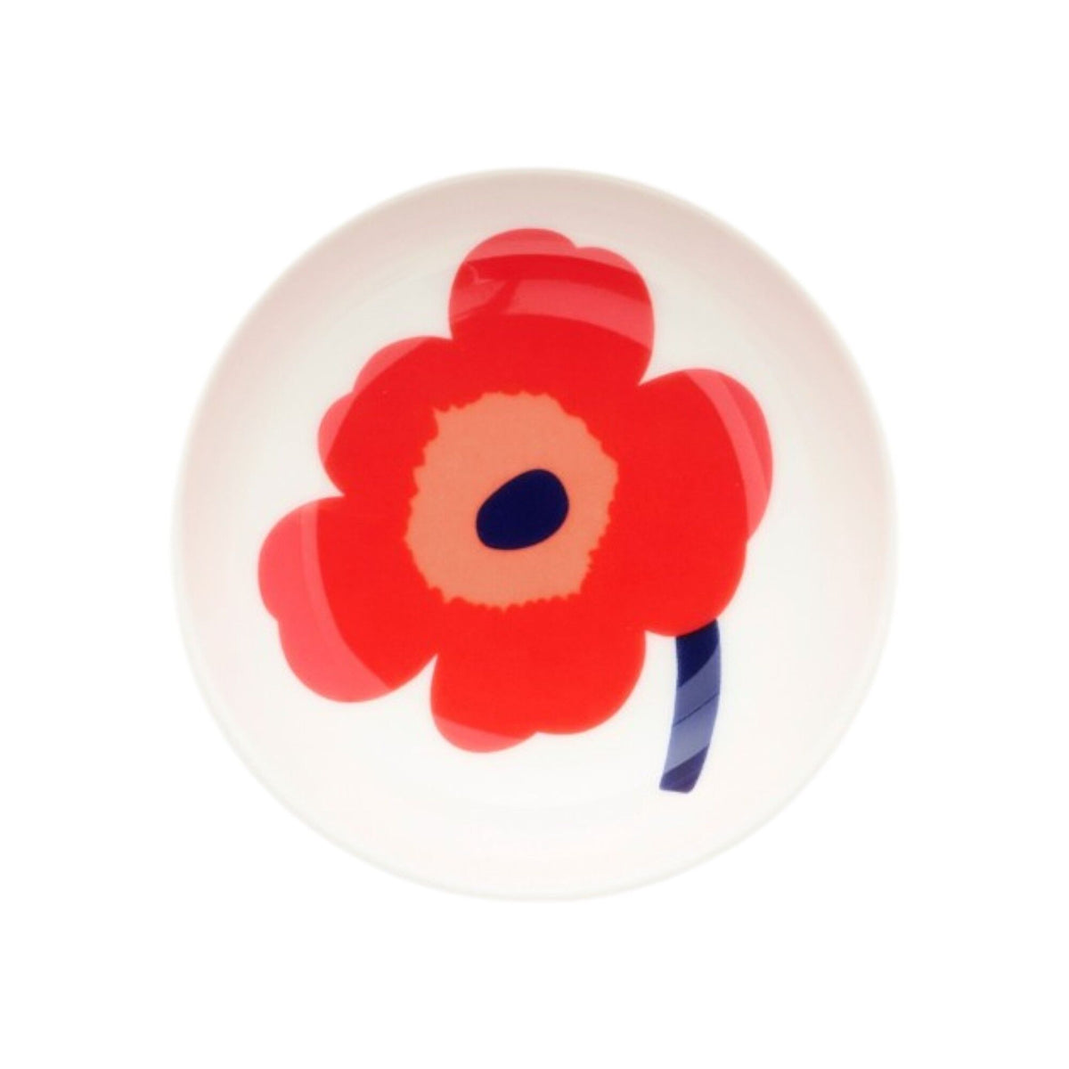 Lille Marimekko Unikko-skål i stentøj med mønster i hvid, rød og blå
