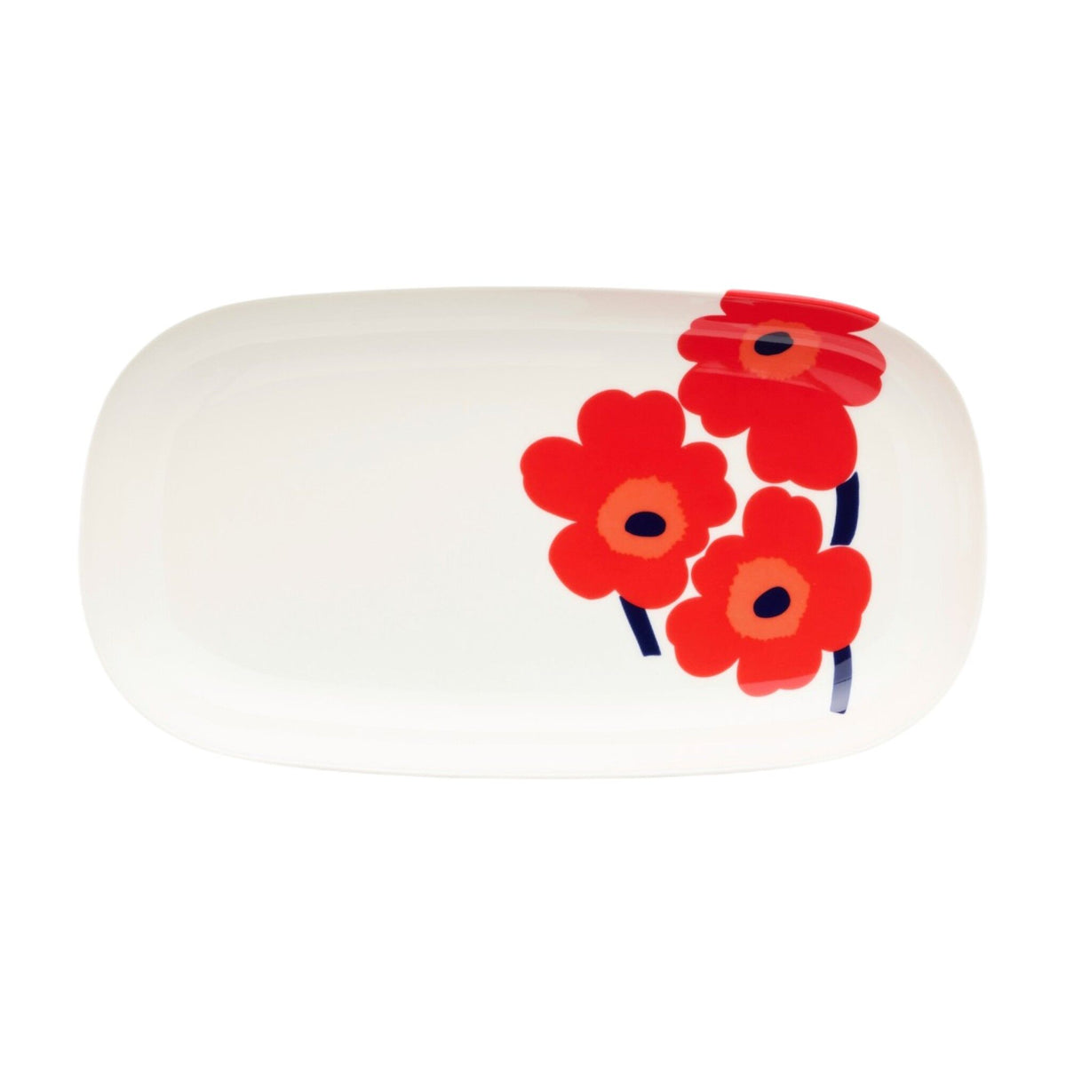 Rektangulært Marimekko Unikko serveringsfad i stentøj med mønster i hvid, rød og blå