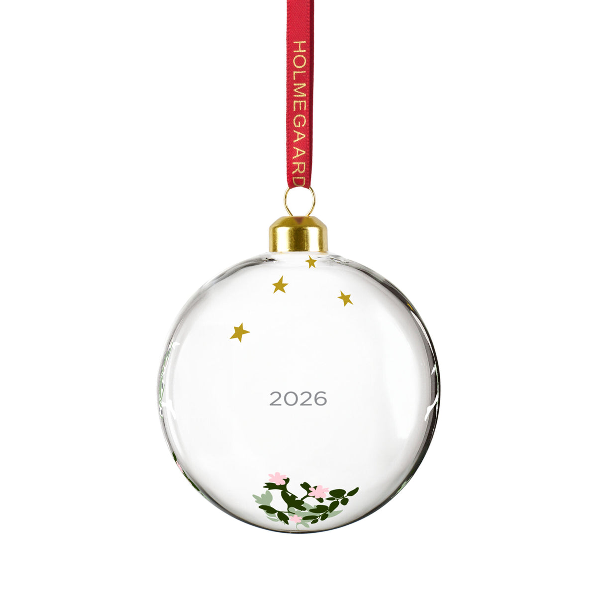 Årets julekugle 2026 fra Holmegaard Christmas med julefe-motiv i grønne og lyserøde nuancer