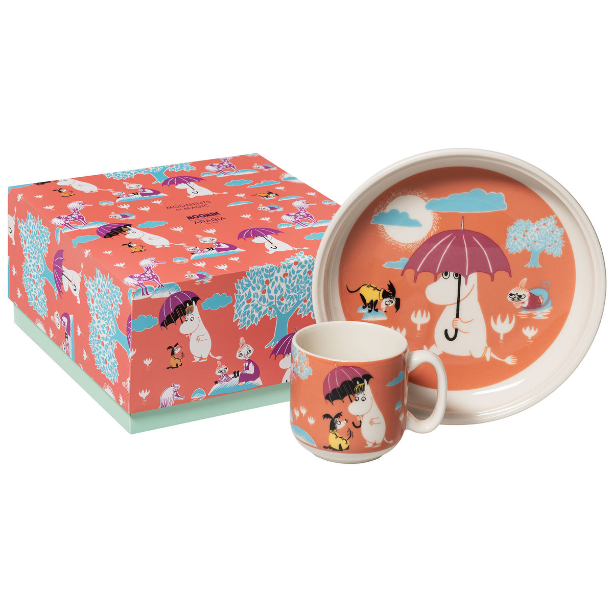 Moomin Arabia børnesæt Under paraplyen i porcelæn, koral, med Mumidalen-motiv