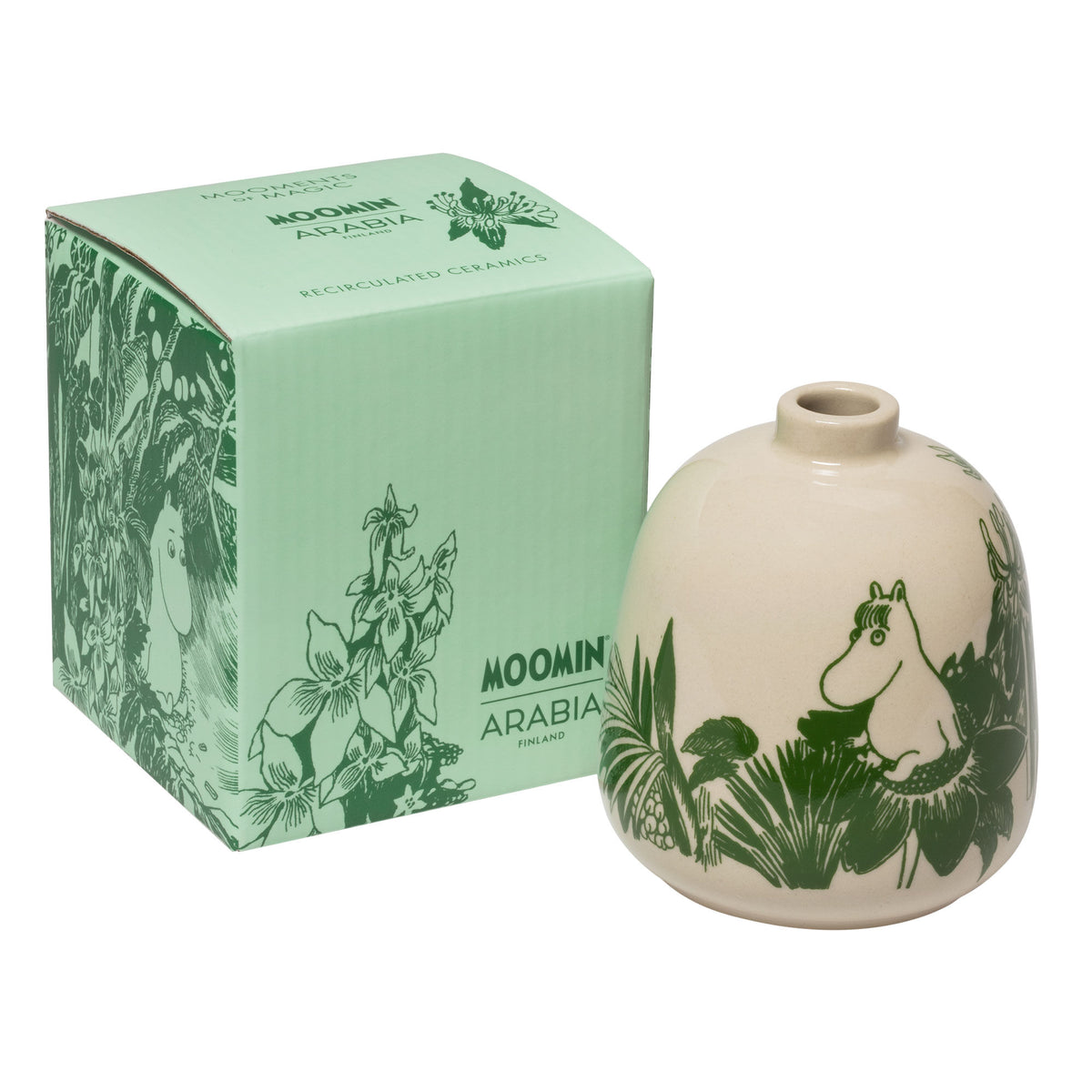 Grøn Moomin Arabia vase på 8,3 cm med motivet Mystikkens skov