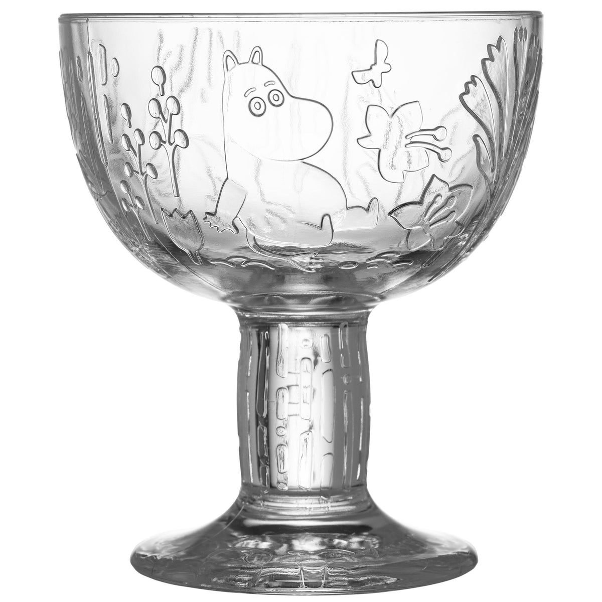 Moomin Arabia skål i klart glas med reliefmønster af Mumitrolden, 14 cm