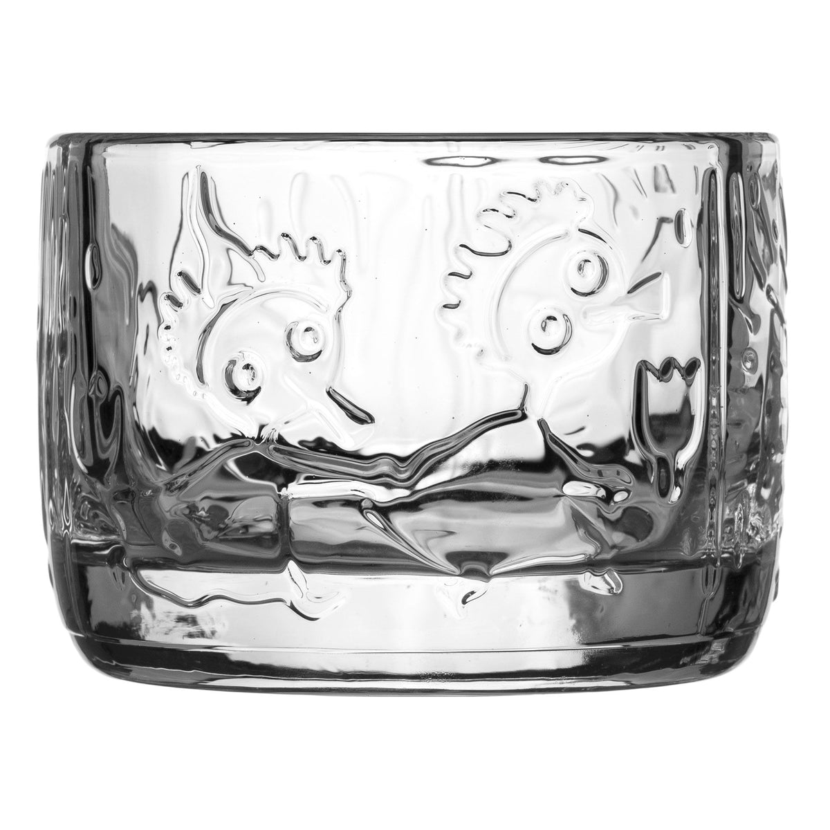 Moomin Arabia lysestage i klart præget glas med motiv af Tofslan