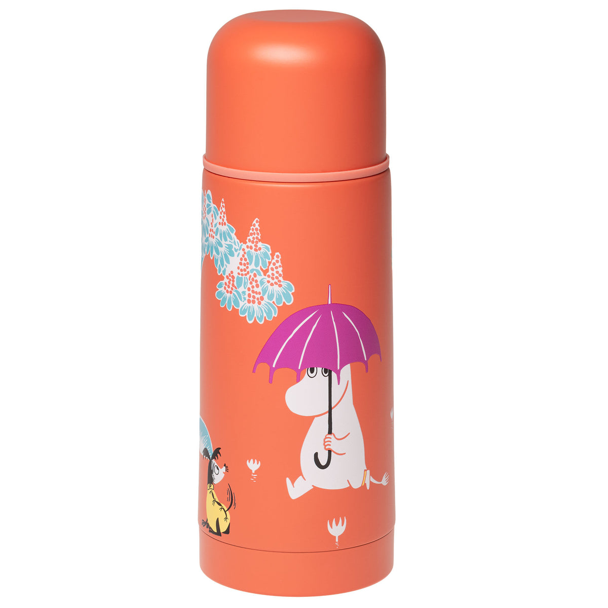 Koralfarvet Moomin Arabia termoflaske, 0,35 liter, med motivet Under paraplyen