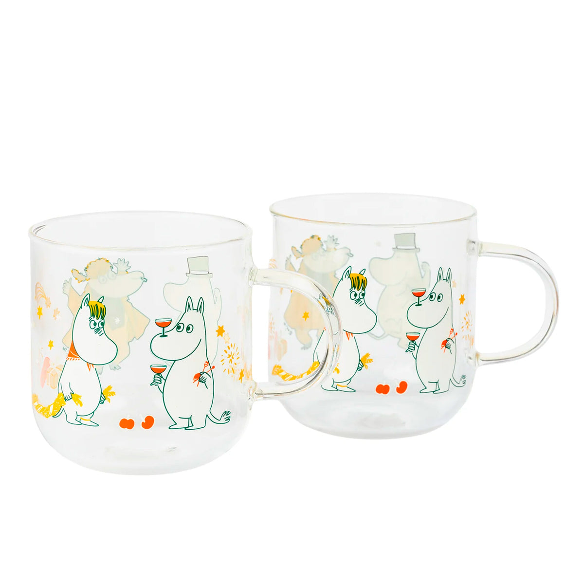 To Moomin Arabia Mumi-glas på 30 cl med illustrationer fra Mumi-universet