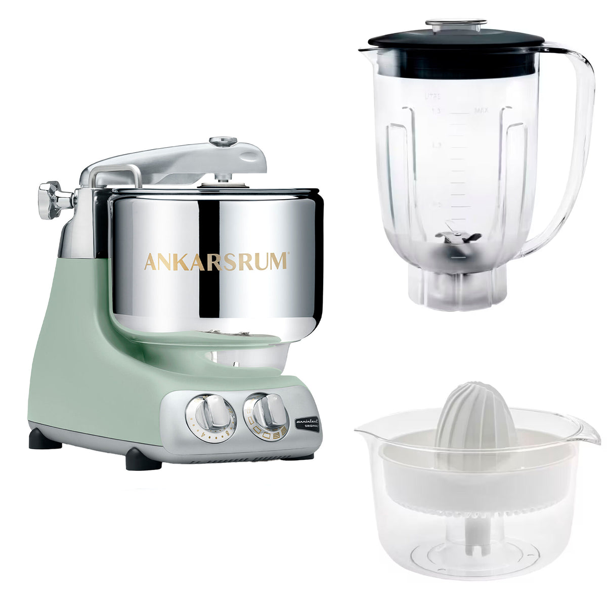 Ankarsrum Assistent Original køkkenmaskine i farven Nordic Sage med blender og citruspresser