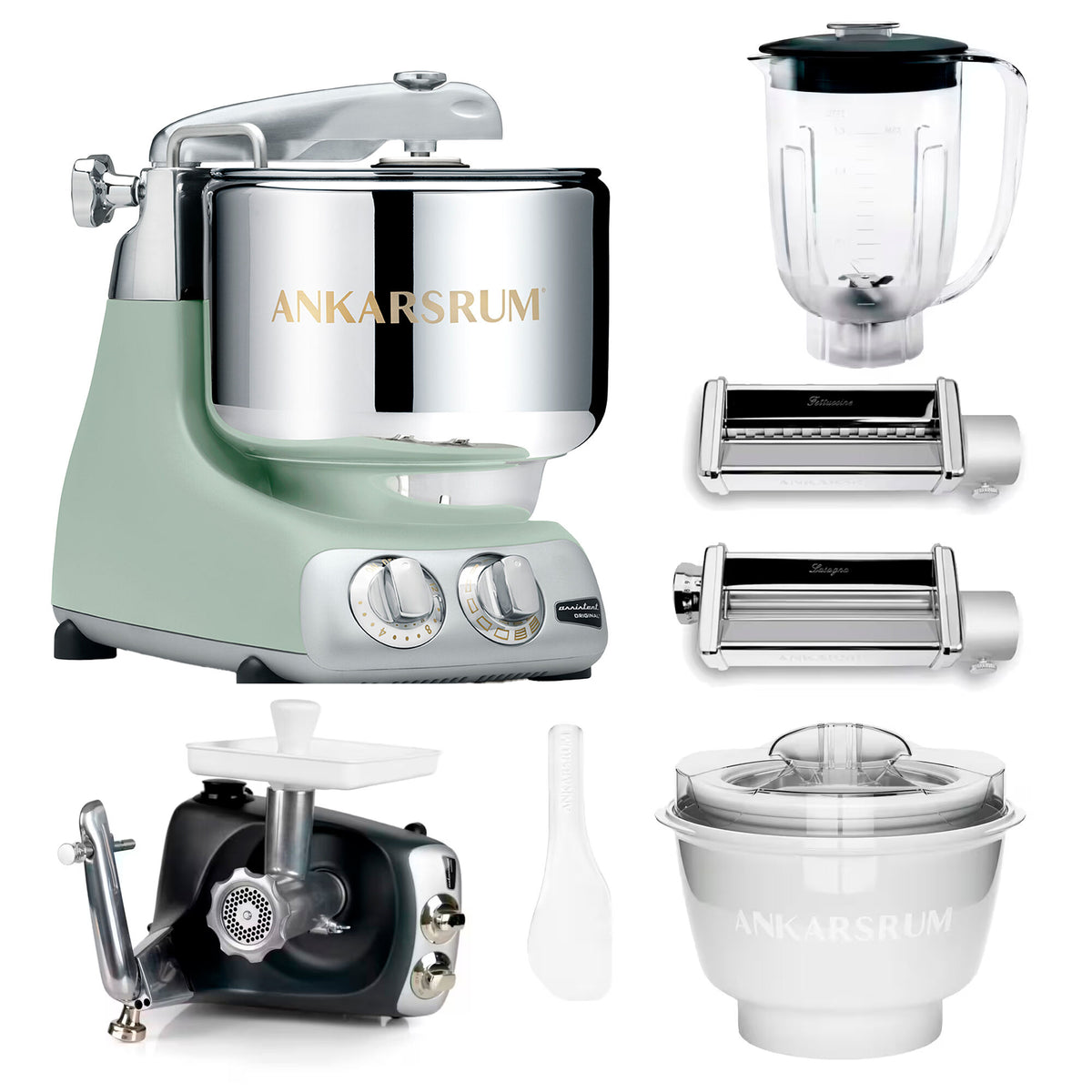 Ankarsrum Assistent Original røremaskine i Nordic Sage med kødhakker, blender, ismaskine og pastakit