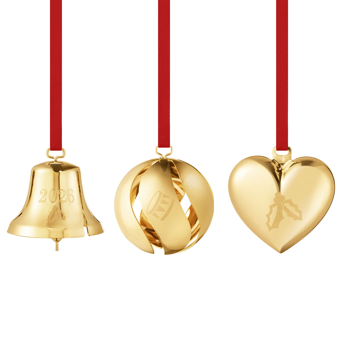 Georg Jensen Classic Christmas 2026 pyntesæt med tre forgyldte julevedhæng