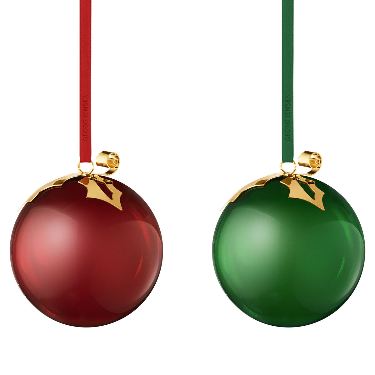 To glaskugler i grøn og rød fra Georg Jensen Classic Christmas 2026