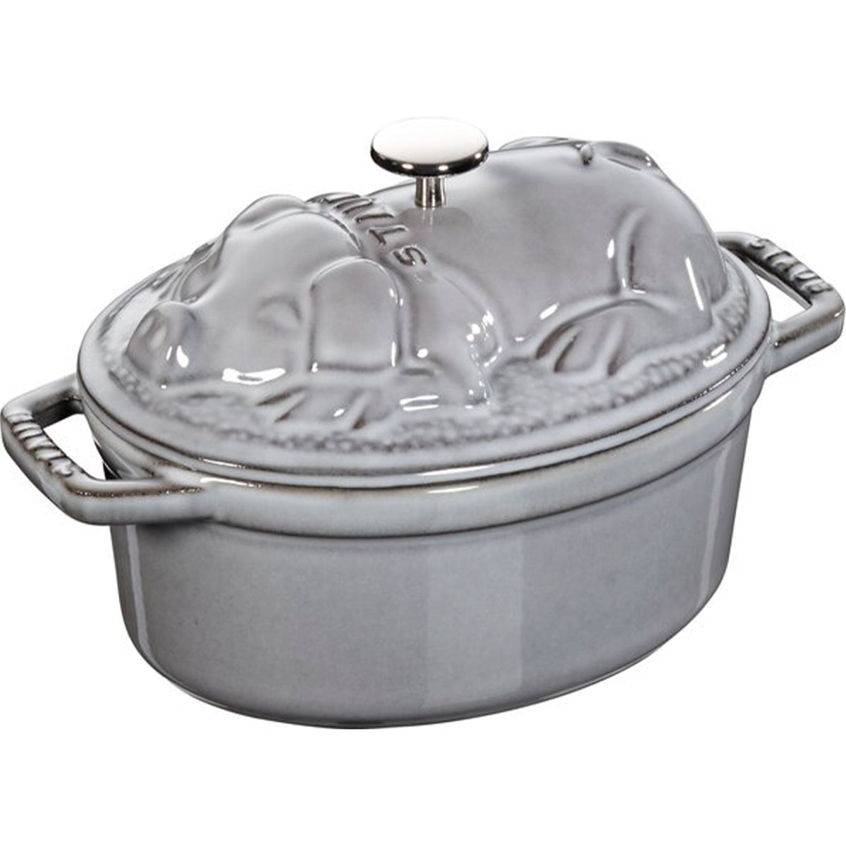 Grafitgrå Staub La Cocotte støbejernsgryde på 17 cm med låg med gris