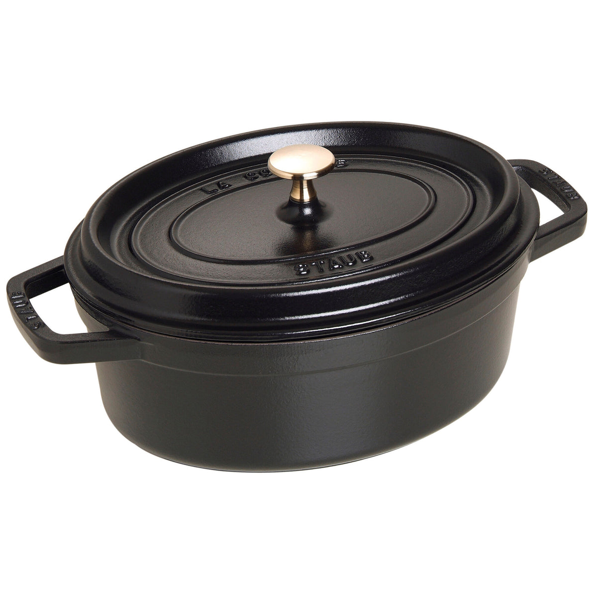 Staub La Cocotte oval støbejernsgryde i sort med messingknap