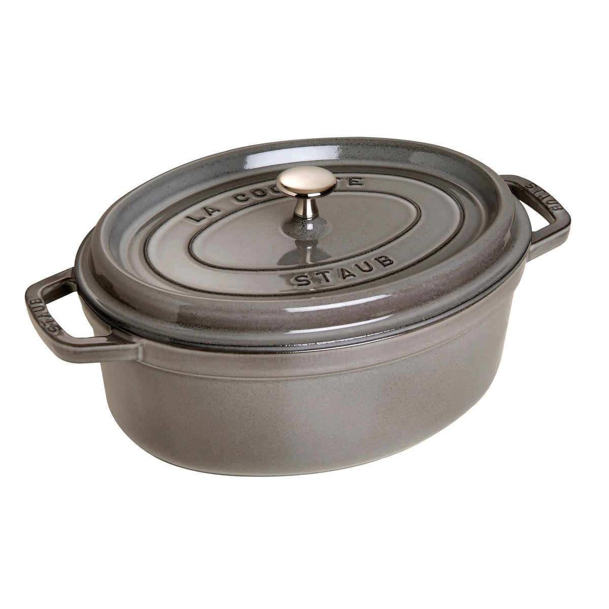 Oval grafitgrå støbejernsgryde fra Staub, La Cocotte, 27 cm og 3,2 liter