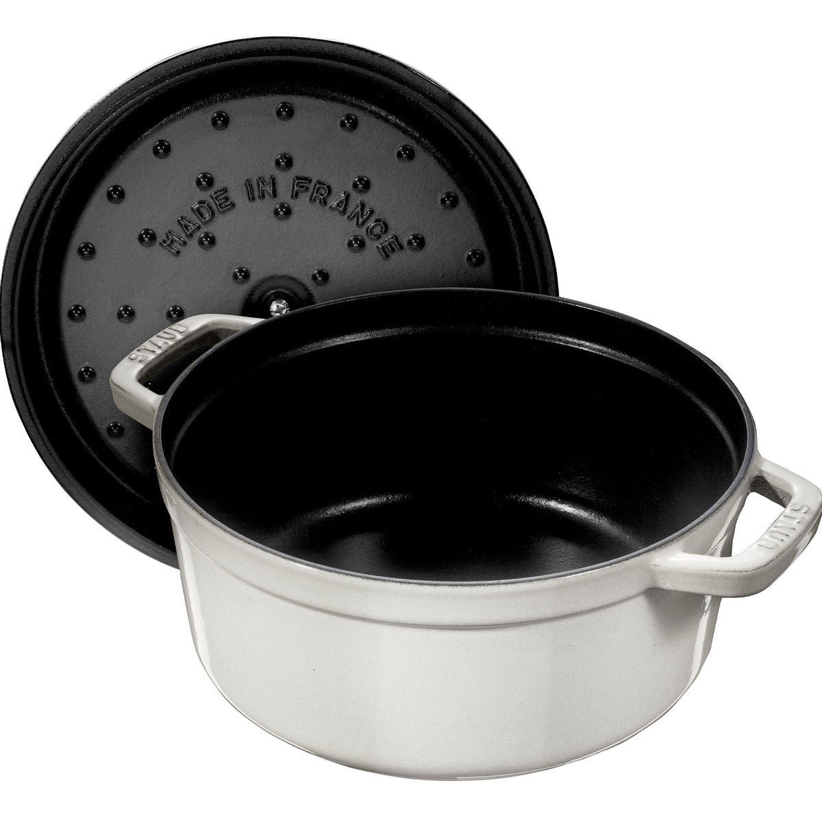 Rund Staub La Cocotte støbejernsgryde på 18 cm i perlemorsskinnende white truffle
