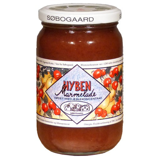 Glas med økologisk hybenmarmelade sødet med æble, 390 gram, fra Søbogaard
