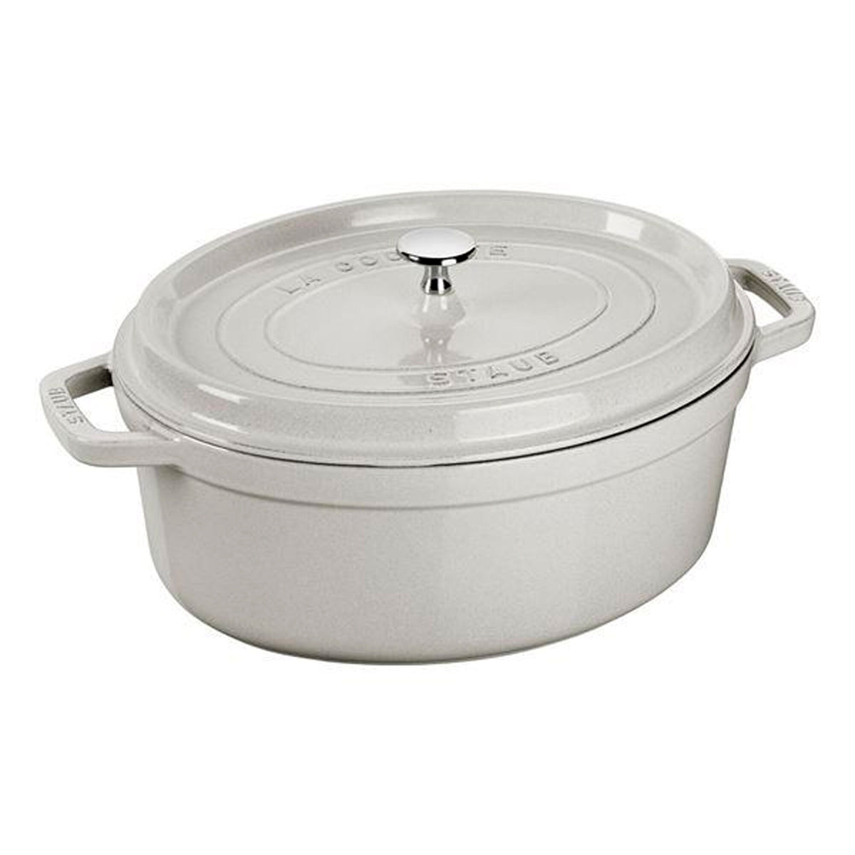 Oval støbejernsgryde fra Staub, La Cocotte 29 cm, i perlemorsskimrende white truffle