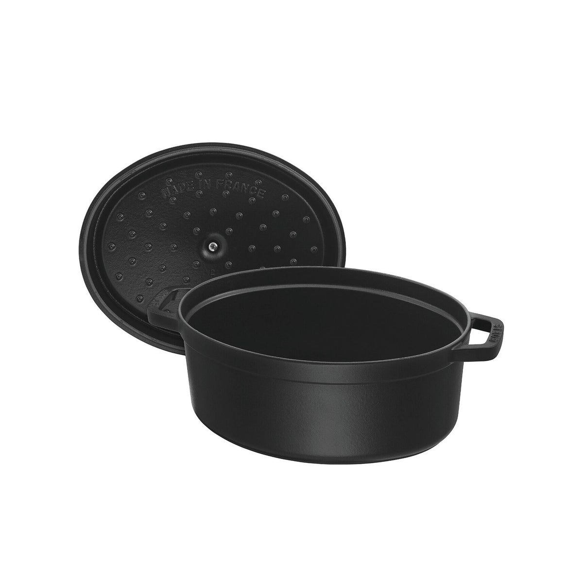 Oval sort Staub La Cocotte støbejernsgryde på 29 cm med messingknap