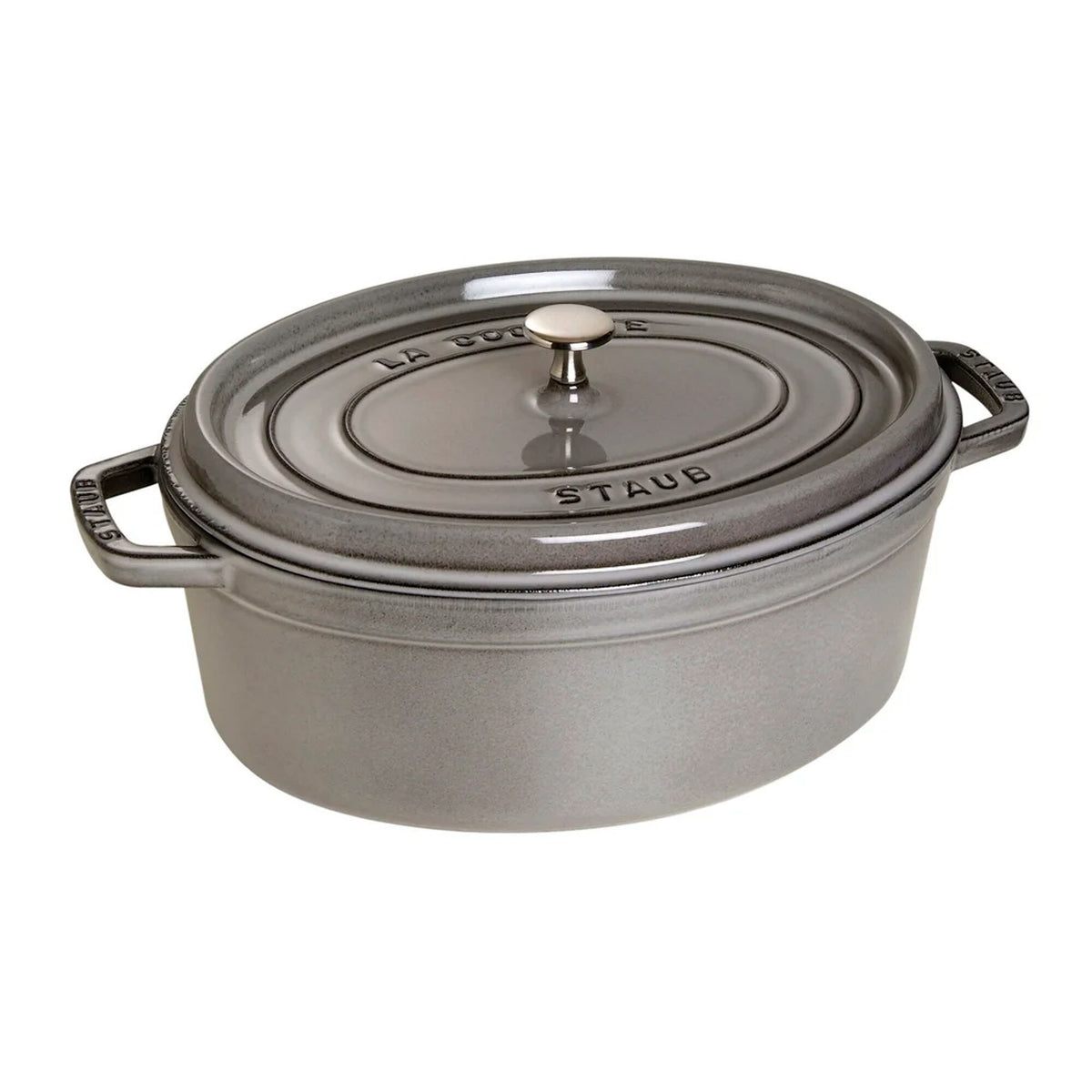 Oval Staub La Cocotte støbejernsgryde 33 cm og 6,7 liter i grafitgrå emalje