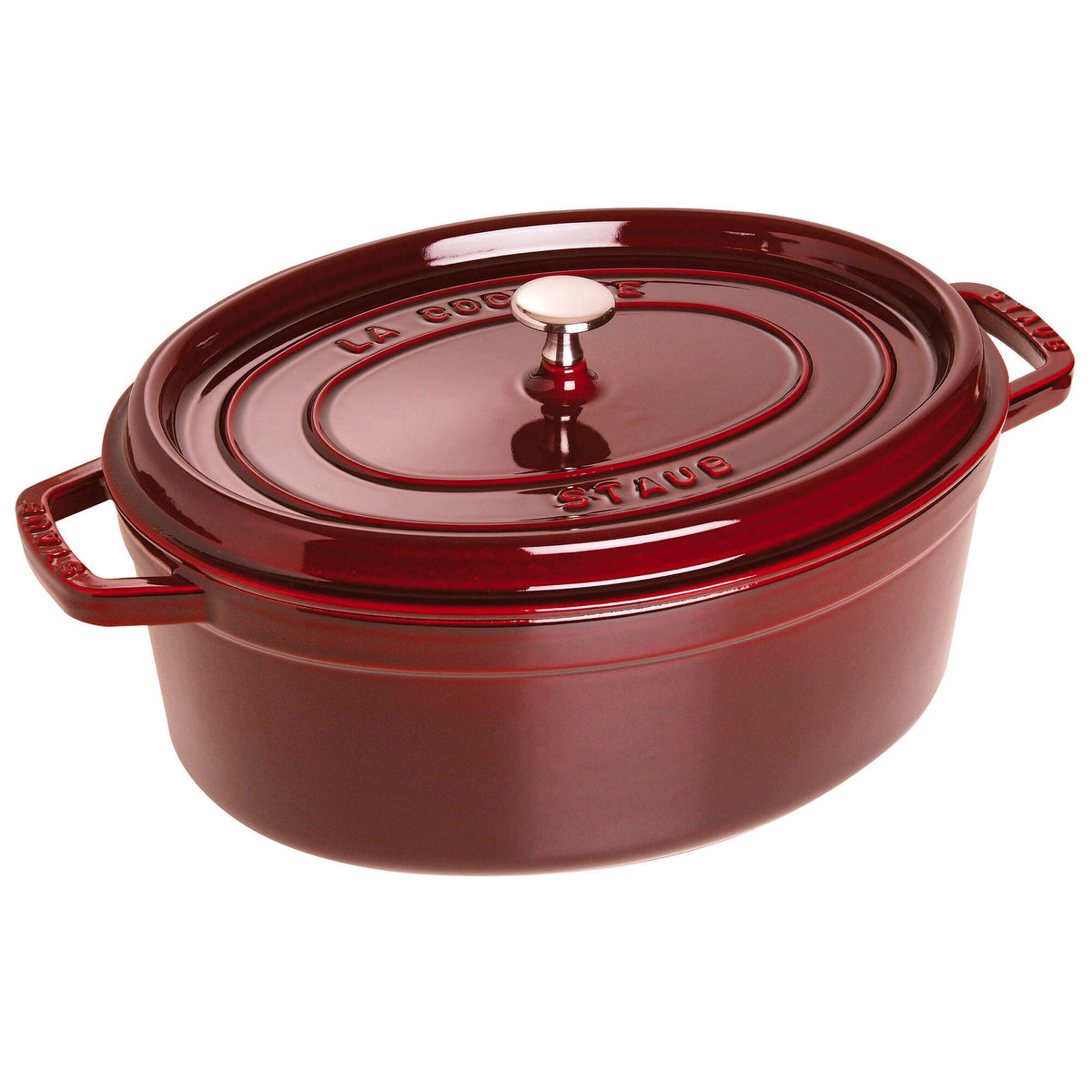 Oval Staub La Cocotte støbejernsgryde i grenadinrød emalje, 31 cm