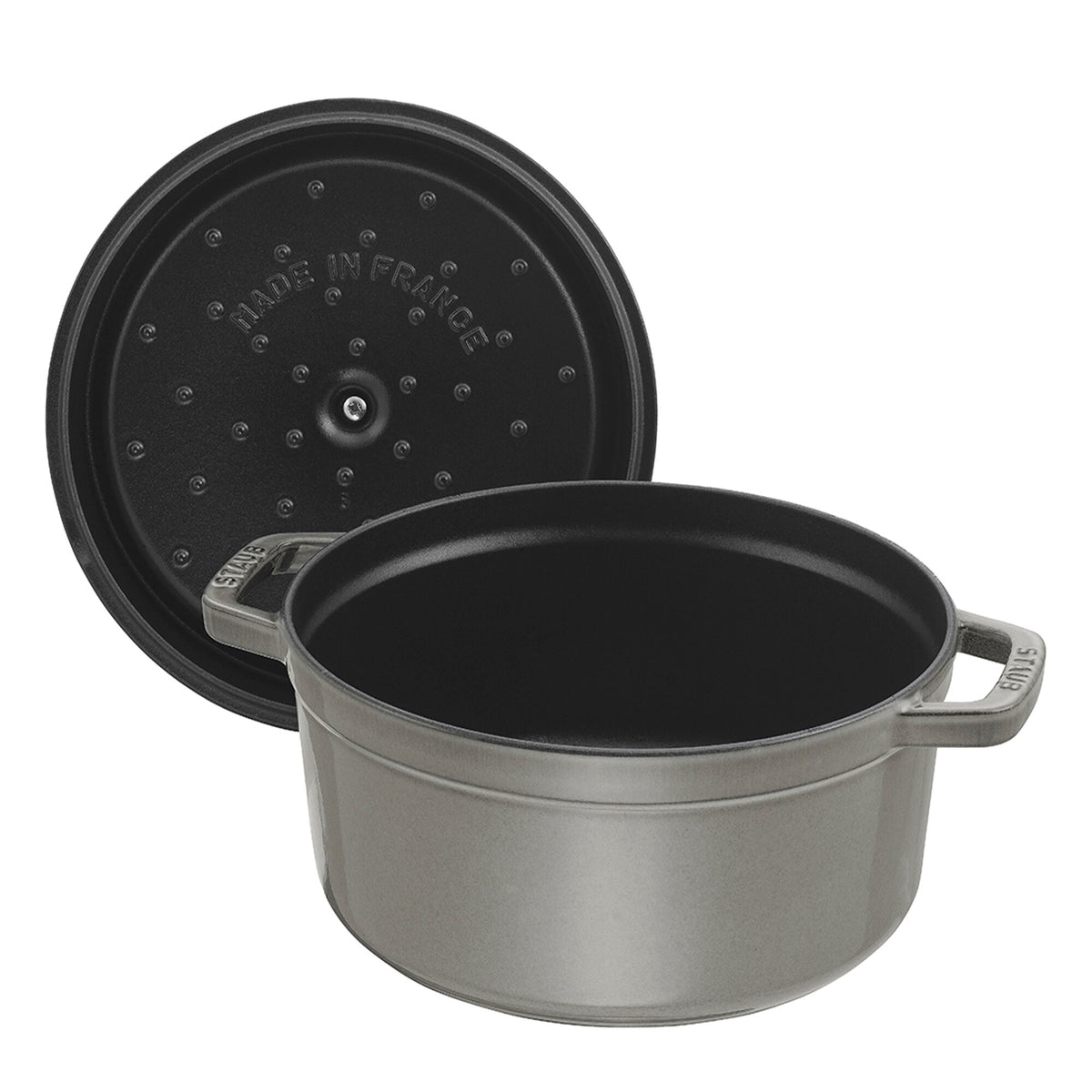 Rund grafitgrå støbejernsgryde fra Staub, La Cocotte, 16 cm i diameter