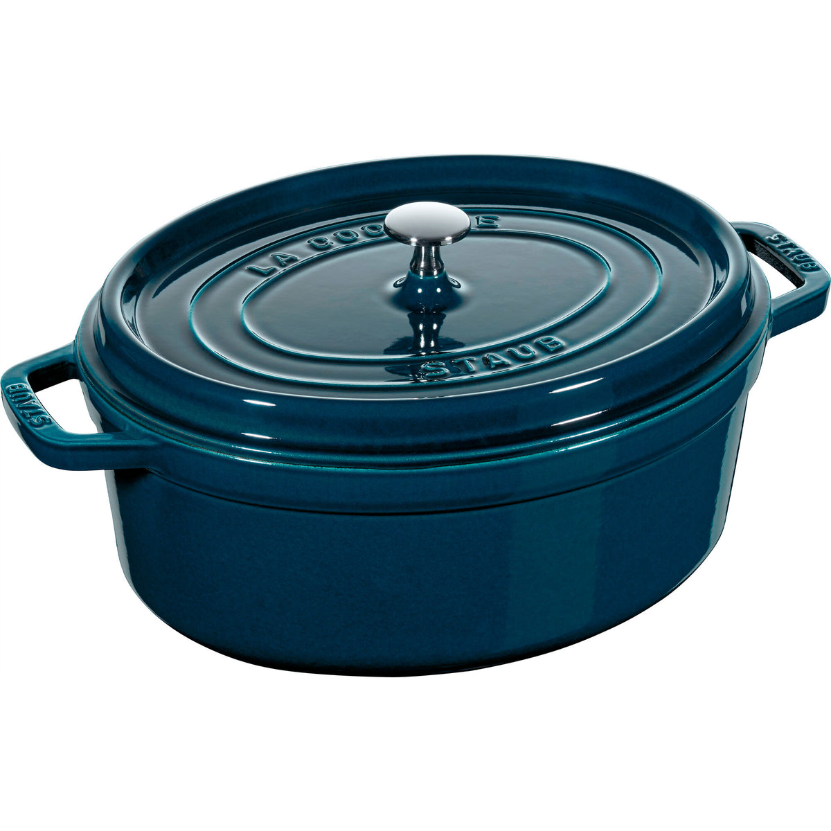 Oval støbejernsgryde fra Staub La Cocotte i emaljefarven La Mer