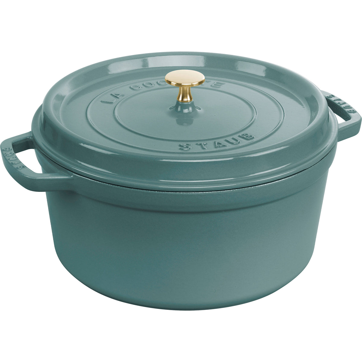 Rund eukalyptusgrøn støbejernsgryde fra Staub, La Cocotte, 28 cm