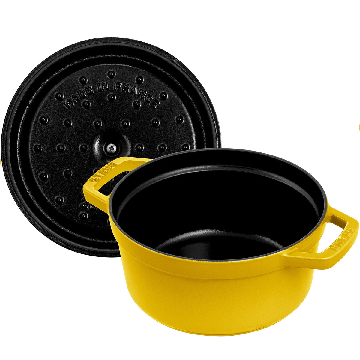 Rund citrongul Staub La Cocotte støbejernsgryde på 20 cm med blank emalje