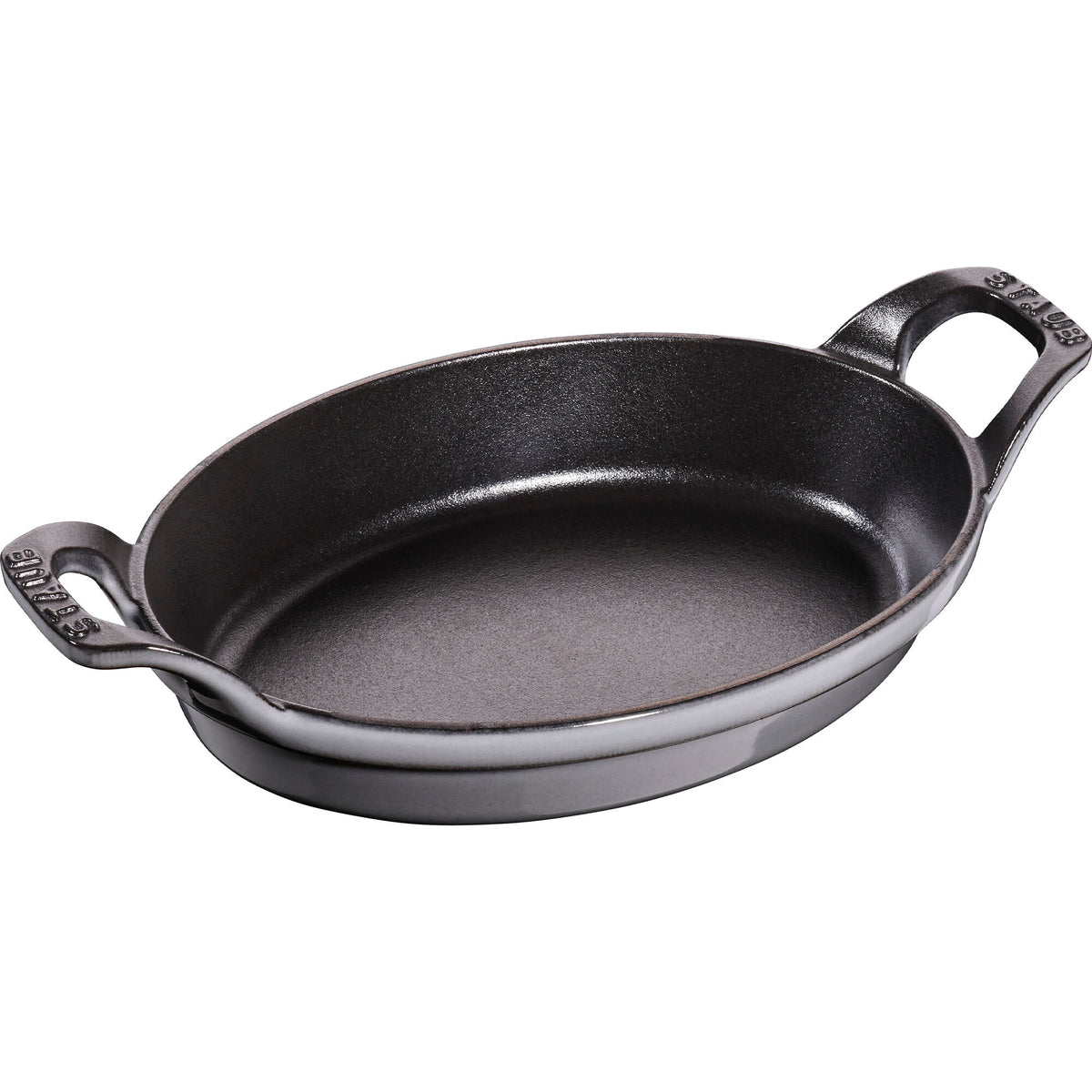 Grå oval ovnfast form i støbejern fra Staub, 21 cm