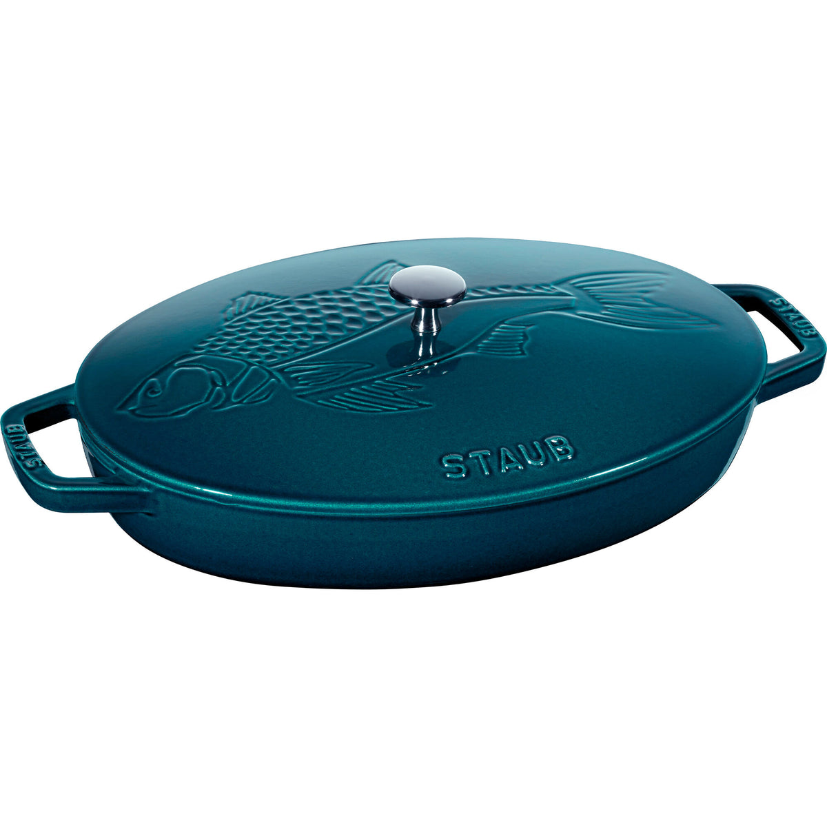Staub ovnform med låg på 33 cm og fiskemotiv