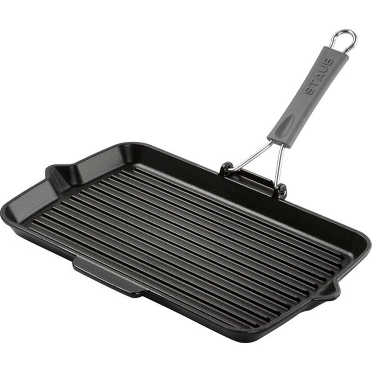 Sort rektangulær Staub grillpande i støbejern, 34 x 21 cm, til grillstriber på komfuret