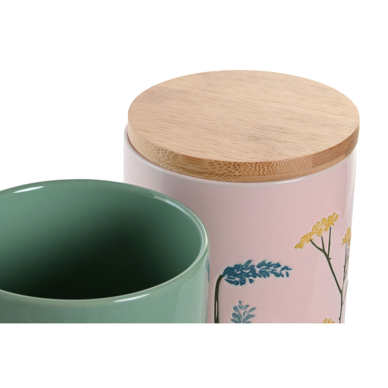 Opbevaringsglas / beholder 11,5 x 11,5 x 17,5 cm Floral Pink Grøn Bambus Stentøj Shabby Chic (2 enheder)