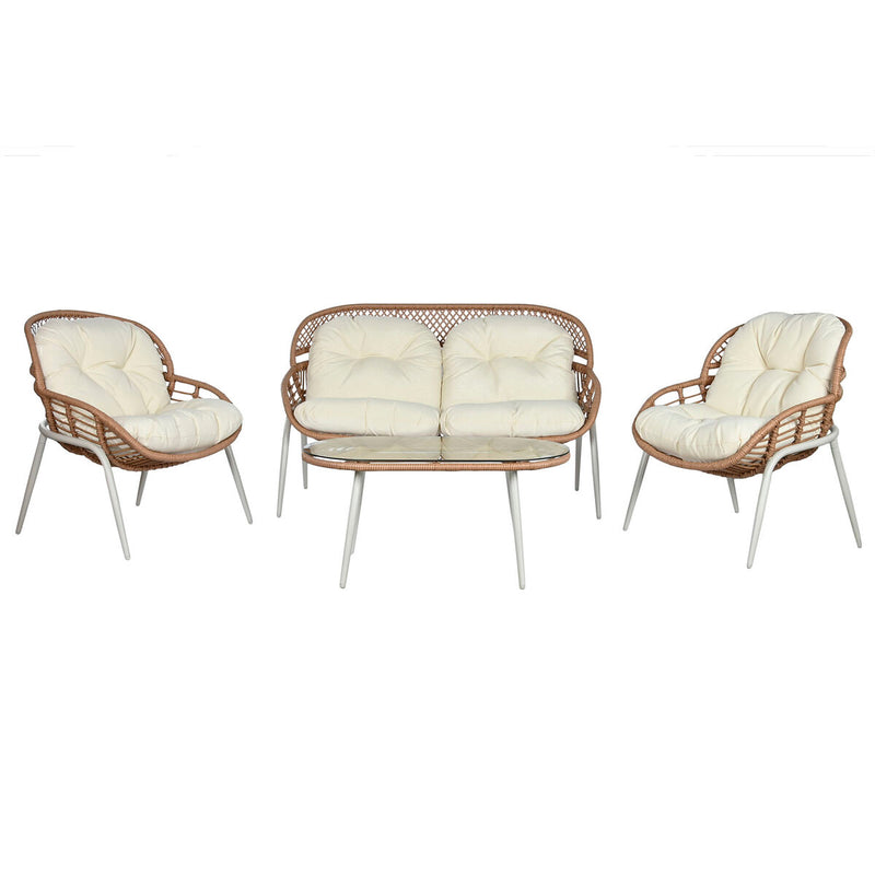 Bord med 3 lænestole Home ESPRIT Hvid Sort Beige Metal Krystal syntetisk spanskrør 130 x 76 x 83 cm