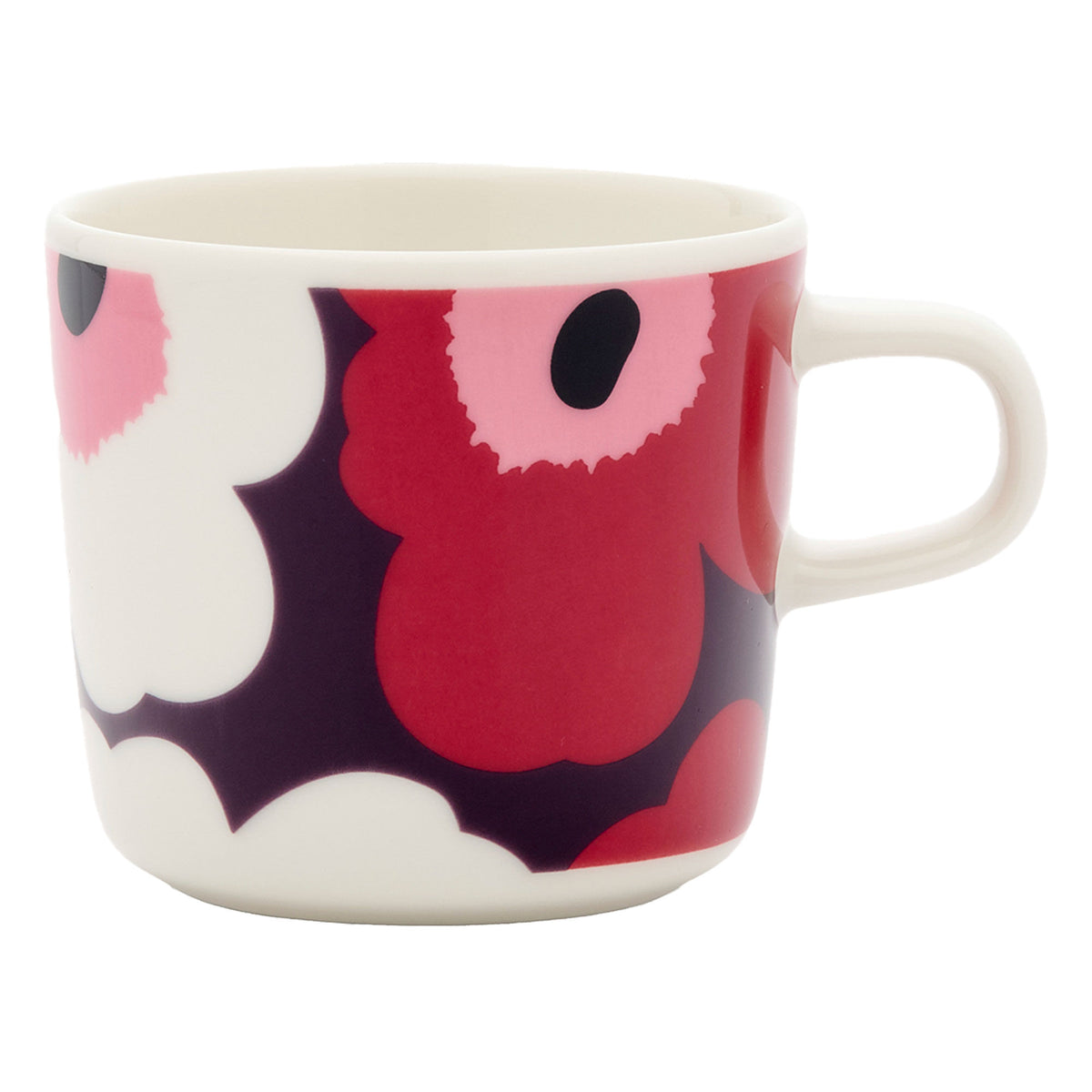Marimekko Oiva Unikko kaffekop i stentøj med blomstermønster i cranberry og pink
