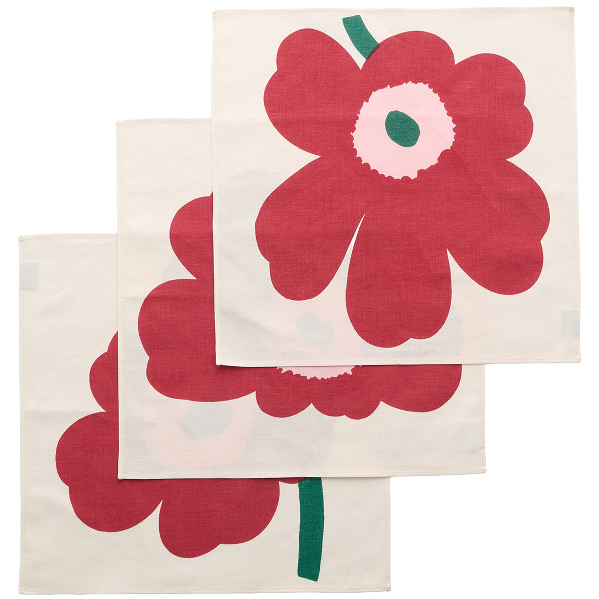 Tre Marimekko Unikko stofservietter i rose med blomsterprint
