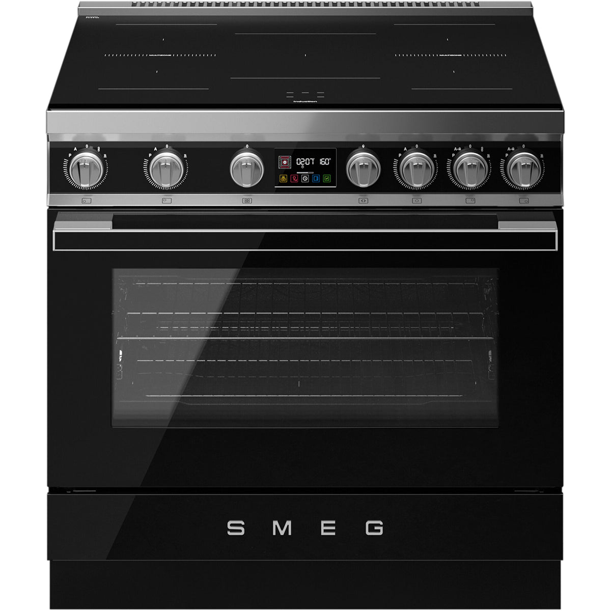 Sort Smeg Portofino induktionskomfur med ovn, 90 cm, model CPF90I1PBL2