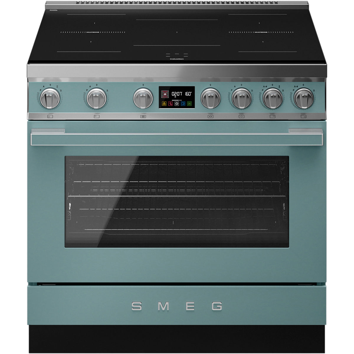 Smeg Portofino induktionskomfur med ovn, 90 cm bredt, i farven emerald green